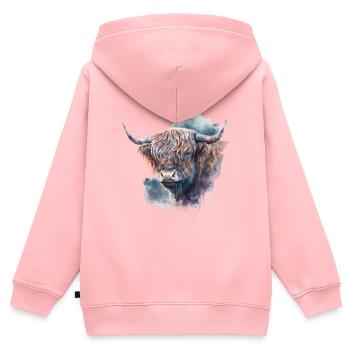 Highland Cattle Aquarelle Portrait - Sweat Premium à capuche zippé enfant bio - rose - Dos - AI Model Kid Female (0cm)