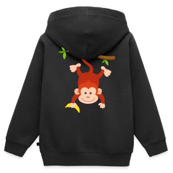 Affe mit Banane hängt kopfüber an Ast Affen Design - Kinder Premium Organic Zip Hoodie - Schwarz - Hinten - AI Model Kid Male (0cm)