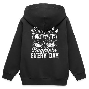 Pensioenplan Ik zal elke dag doedelzak spelen - B - Kinder Premium zip hoodie biologisch - zwart - Achter - AI Model Kid Male (0cm)