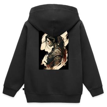 Guerrière samouraï - Sweat Premium à capuche zippé enfant bio - noir - Dos - AI Model Kid Male (0cm)