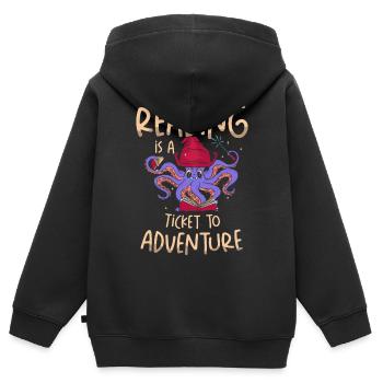 La lecture est un billet pour l’aventure - Sweat Premium à capuche zippé enfant bio - noir - Dos - AI Model Kid Male (0cm)