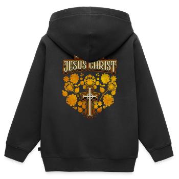 Jesus Christus, vintage Volkskunst, Kreuz, Spruch - Kinder Premium Organic Zip Hoodie - Schwarz - Hinten - AI Model Kid Male (0cm)