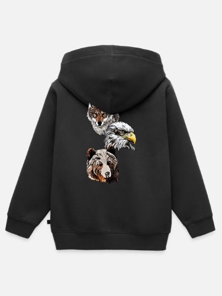 Motif d’animal sauvage avec aigle, loup et tête d’ours - Sweat Premium à capuche zippé enfant bio - noir