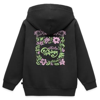 Printemps, Dire Bienvenue-Printemps, Typographie - Sweat Premium à capuche zippé enfant bio - noir - Dos - AI Model Kid Male (0cm)