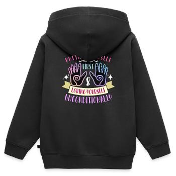 Reiki Se mettre en premier et Aimer la méditation - Sweat Premium à capuche zippé enfant bio - noir - Dos - AI Model Kid Male (0cm)