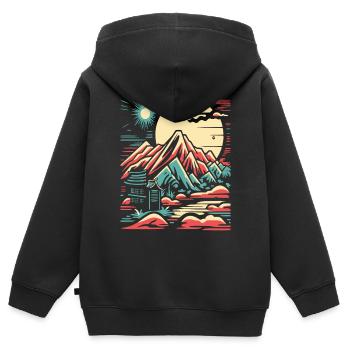 Paysages de montagne et temples japonais - Sweat Premium à capuche zippé enfant bio - noir - Dos - AI Model Kid Male (0cm)