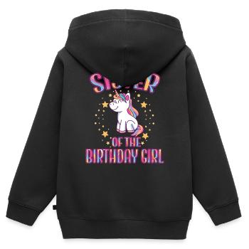 Sœur de la fille d’anniversaire Licorne Family Party - Sweat Premium à capuche zippé enfant bio - noir - Dos - AI Model Kid Male (0cm)