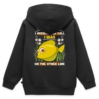 Fischen Angeln, Comic Fisch mit Angelhaken, Spruch - Kinder Premium Organic Zip Hoodie - Schwarz - Hinten - AI Model Kid Male (0cm)