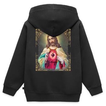 Vintage Jésus-Christ avec coeur flamboyant - Sweat Premium à capuche zippé enfant bio - noir - Dos - AI Model Kid Male (0cm)