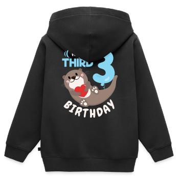 3ème anniversaire, 3 ans, loutre kawaii, dicton - Sweat Premium à capuche zippé enfant bio - noir - Dos - AI Model Kid Male (0cm)
