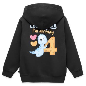 4e anniversaire, 4 ans, dinosaure kawaii - Sweat Premium à capuche zippé enfant bio - noir - Dos - AI Model Kid Male (0cm)