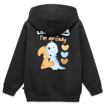 2ème anniversaire, 2 ans, dinosaure kawaii - Sweat Premium à capuche zippé enfant bio - noir - Dos - AI Model Kid Male (0cm)
