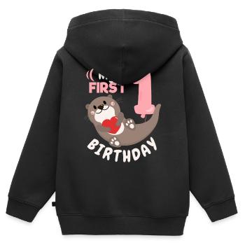 1er anniversaire, 1 an, loutre kawaii, dictant - Sweat Premium à capuche zippé enfant bio - noir - Dos - AI Model Kid Male (0cm)