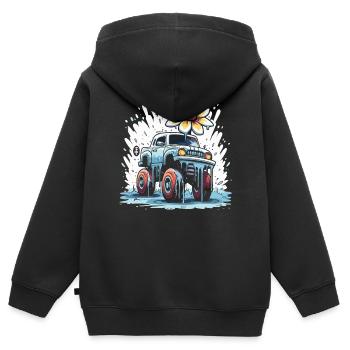 Ein bunter Flower Power Monstertruck - Kinder Premium Organic Zip Hoodie - Schwarz - Hinten - AI Model Kid Male (0cm)