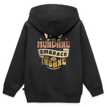 Fliehe Dem Alltäglichen, Umarme Das Wahnsinnige – - Kinder Premium Organic Zip Hoodie - Schwarz - Hinten - AI Model Kid Male (0cm)