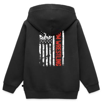 Bras de fer Drapeau américain Bras de fer Drapeau américain - Sweat Premium à capuche zippé enfant bio - noir - Dos - AI Model Kid Male (0cm)