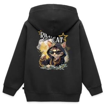 Rich Cat, Humor, Spaß, Fun, Cool, Luxus, Reich, - Kinder Premium Organic Zip Hoodie - Schwarz - Hinten - AI Model Kid Male (0cm)