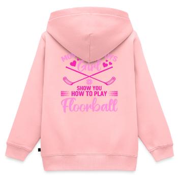 Floorball - Laissez cette fille vous montrer comment jouer à Flo - Sweat Premium à capuche zippé enfant bio - rose - Dos - AI Model Kid Female (0cm)