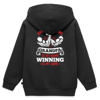 Bras De Fer Grand-Père Bras De Bras Grand-Père Bras De Fer - Sweat Premium à capuche zippé enfant bio - noir - Dos - AI Model Kid Male (0cm)