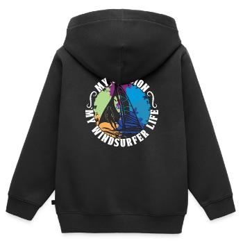 Windsurfer Ma Passion Ma Vie de Windsurfer Wakeboard - Sweat Premium à capuche zippé enfant bio - noir - Dos - AI Model Kid Male (0cm)
