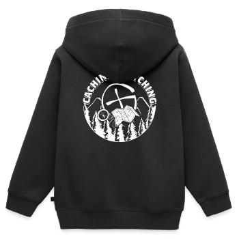 Geocache Caching > Catching - Kids Premium Organic Zip-up Hoodie - black - Back - AI Model Kid Male (0cm)