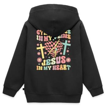 Roue de charrette groovy - Sweat Premium à capuche zippé enfant bio - noir - Dos - AI Model Kid Male (0cm)