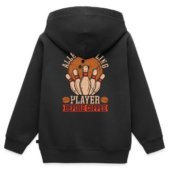 Joueur de bowling de ruelle avant l’amateur de café à neuf quilles - Sweat Premium à capuche zippé enfant bio - noir - Dos - AI Model Kid Male (0cm)
