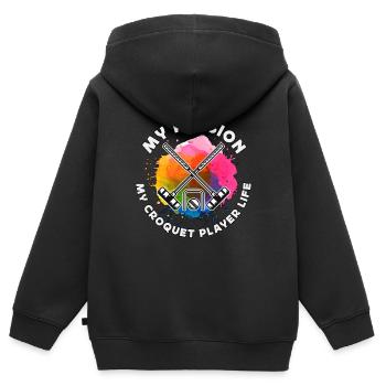 Joueur de croquet Ma passion Maillet de joueur de croquet - Sweat Premium à capuche zippé enfant bio - noir - Dos - AI Model Kid Male (0cm)