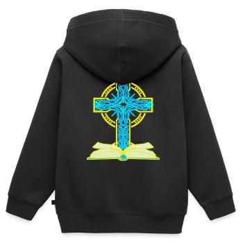 Croix, Bible, Paix Mondiale, Paix, Jésus - Sweat Premium à capuche zippé enfant bio - noir - Dos - AI Model Kid Male (0cm)