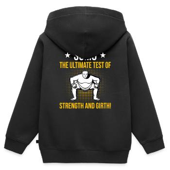 Sumo der ultimative Test für Kraft und Umfang - Kinder Premium Organic Zip Hoodie - Schwarz - Hinten - AI Model Kid Male (0cm)