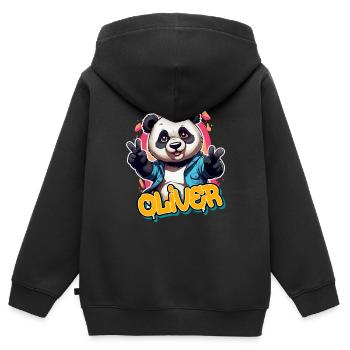 OLIVER - Beau nom de garçon avec Cool Panda - Sweat Premium à capuche zippé enfant bio - noir - Dos - AI Model Kid Male (0cm)