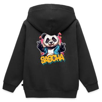 SASCHA - Beau prénom de garçon avec panda cool - Sweat Premium à capuche zippé enfant bio - noir - Dos - AI Model Kid Male (0cm)