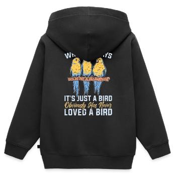 Perruche Celui Qui Dit C’est Juste Un Oiseau Amoureux Des Animaux - Sweat Premium à capuche zippé enfant bio - noir - Dos - AI Model Kid Male (0cm)