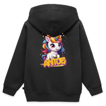 ANTJE - Beau prénom de fille avec une jolie licorne - Sweat Premium à capuche zippé enfant bio - noir - Dos - AI Model Kid Male (0cm)