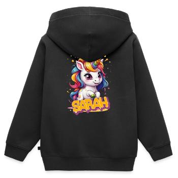 SARAH - Beau nom de fille avec une licorne mignonne - Sweat Premium à capuche zippé enfant bio - noir - Dos - AI Model Kid Male (0cm)