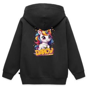 DARCY - Beautiful girl name with cute unicorn - Kids Premium Organic Zip-up Hoodie - black - Back - AI Model Kid Male (0cm)