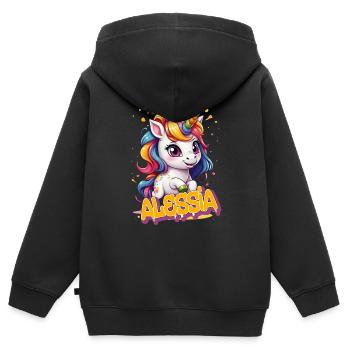 ALESSIA - Beau prénom de fille avec une jolie licorne - Sweat Premium à capuche zippé enfant bio - noir - Dos - AI Model Kid Male (0cm)