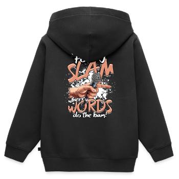 Poetry Slam où les mots font le bam ! - Sweat Premium à capuche zippé enfant bio - noir - Dos - AI Model Kid Male (0cm)