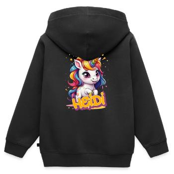 HEIDI - Beau prénom de fille avec une jolie licorne - Sweat Premium à capuche zippé enfant bio - noir - Dos - AI Model Kid Male (0cm)