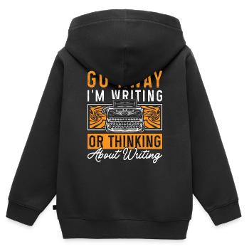 Ecrire Va-t’en J’écris ou je pense romancier - Sweat Premium à capuche zippé enfant bio - noir - Dos - AI Model Kid Male (0cm)