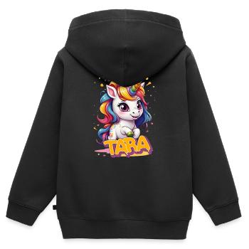 TARA - Beau prénom de fille avec une jolie licorne - Sweat Premium à capuche zippé enfant bio - noir - Dos - AI Model Kid Male (0cm)