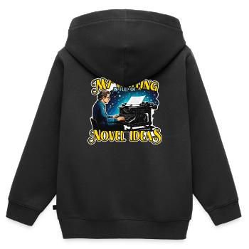 Mon écriture est pleine d’idées de romans Rédactrice de contenu - Sweat Premium à capuche zippé enfant bio - noir - Dos - AI Model Kid Male (0cm)