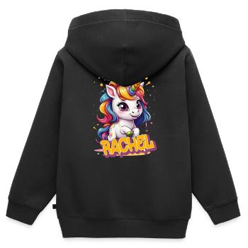 RACHEL - Beautiful girl name with cute unicorn - Kids Premium Organic Zip-up Hoodie - black - Back - AI Model Kid Male (0cm)