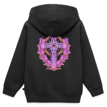 Croix Croix Crucifix Roses Fleurs Jésus Dieu - Sweat Premium à capuche zippé enfant bio - noir - Dos - AI Model Kid Male (0cm)