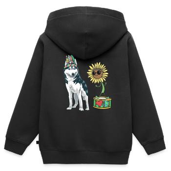 Sonnenblume Herz Peace Hund Hunde Frieden Trommel - Kinder Premium Organic Zip Hoodie - Schwarz - Hinten - AI Model Kid Male (0cm)