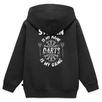 T-shirt de fléchettes personnalisé pour Steven - Sweat Premium à capuche zippé enfant bio - noir - Dos - AI Model Kid Male (0cm)