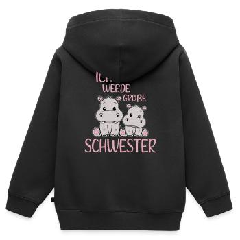 Bientôt, la grande sœur annonce de jolis bébés hippopotames - Sweat Premium à capuche zippé enfant bio - noir - Dos - AI Model Kid Male (0cm)