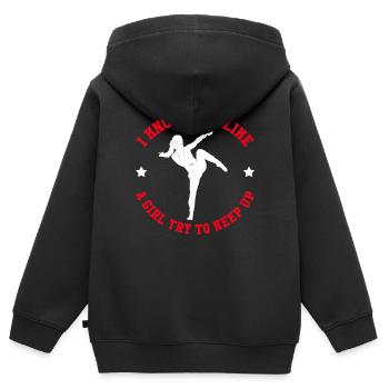 Je sais que je frappe comme une fille essaie de suivre - Muay Tha - Sweat Premium à capuche zippé enfant bio - noir - Dos - AI Model Kid Male (0cm)