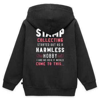La philatélie a commencé comme une amoureuse des timbres - Sweat Premium à capuche zippé enfant bio - noir - Dos - AI Model Kid Male (0cm)