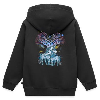 Licornes, Licorne, Chaman, Nature, Forêt, Amérindien - Sweat Premium à capuche zippé enfant bio - noir - Dos - AI Model Kid Male (0cm)